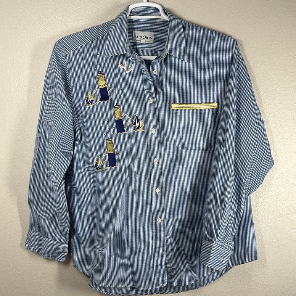 Las Olas Blue White Gingham Nautical Embroidered Button Down Shirt Size L Mens